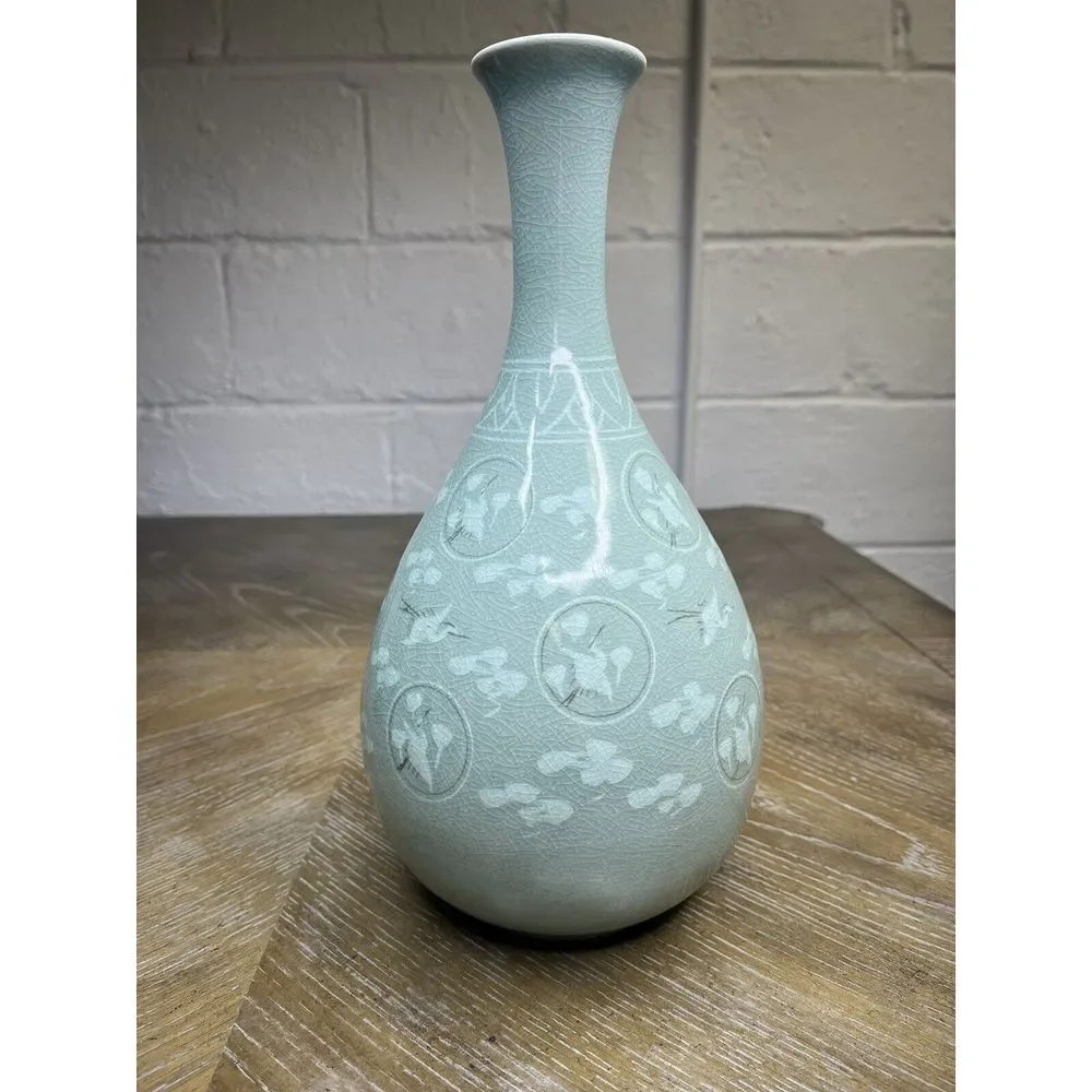 Korean Celadon Bottle Yuhuchun Vase Crane Clouds Signed‎ 12.5